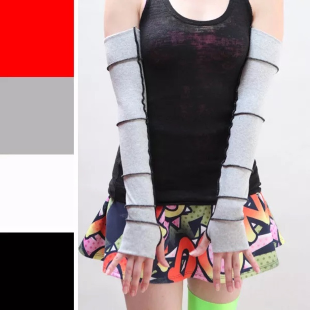 Long Cotton Patchwork Gloves Gray Arm Warmers Goth Clothing Cotton Sleeve Covers - Picture 5 of 5